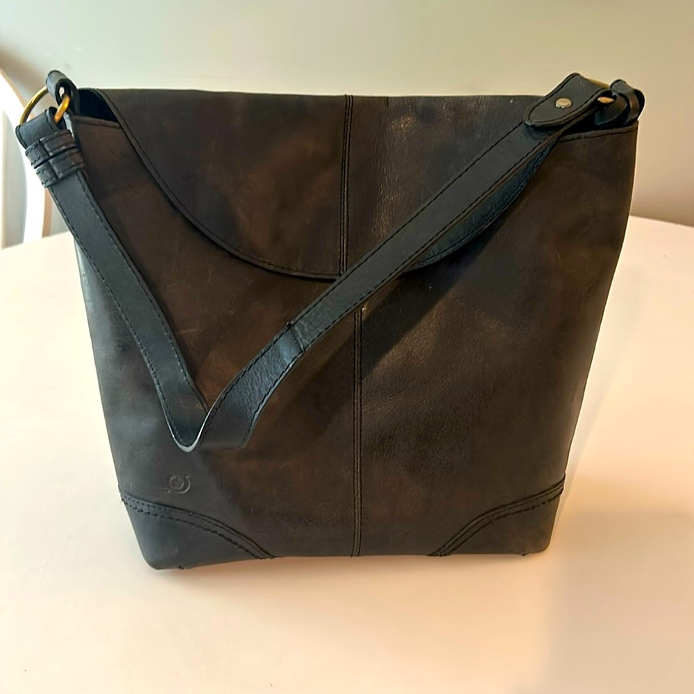 EUC Born brand black rubbed leather satchel purse with brushed bronze metalwork